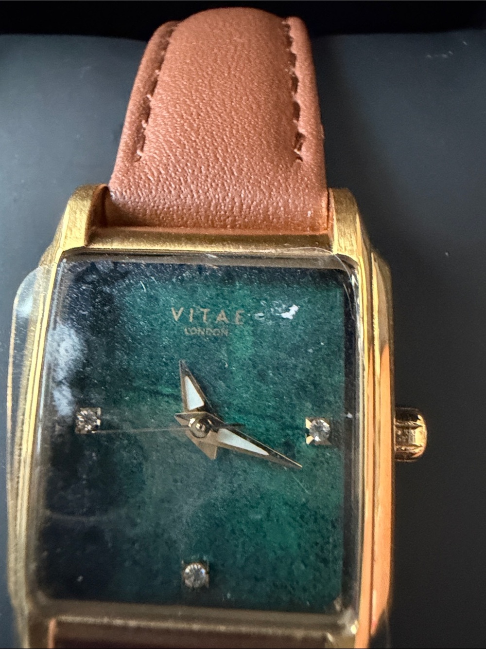 Women's Gold-Tone Watch with Green Dial and Brown Strap